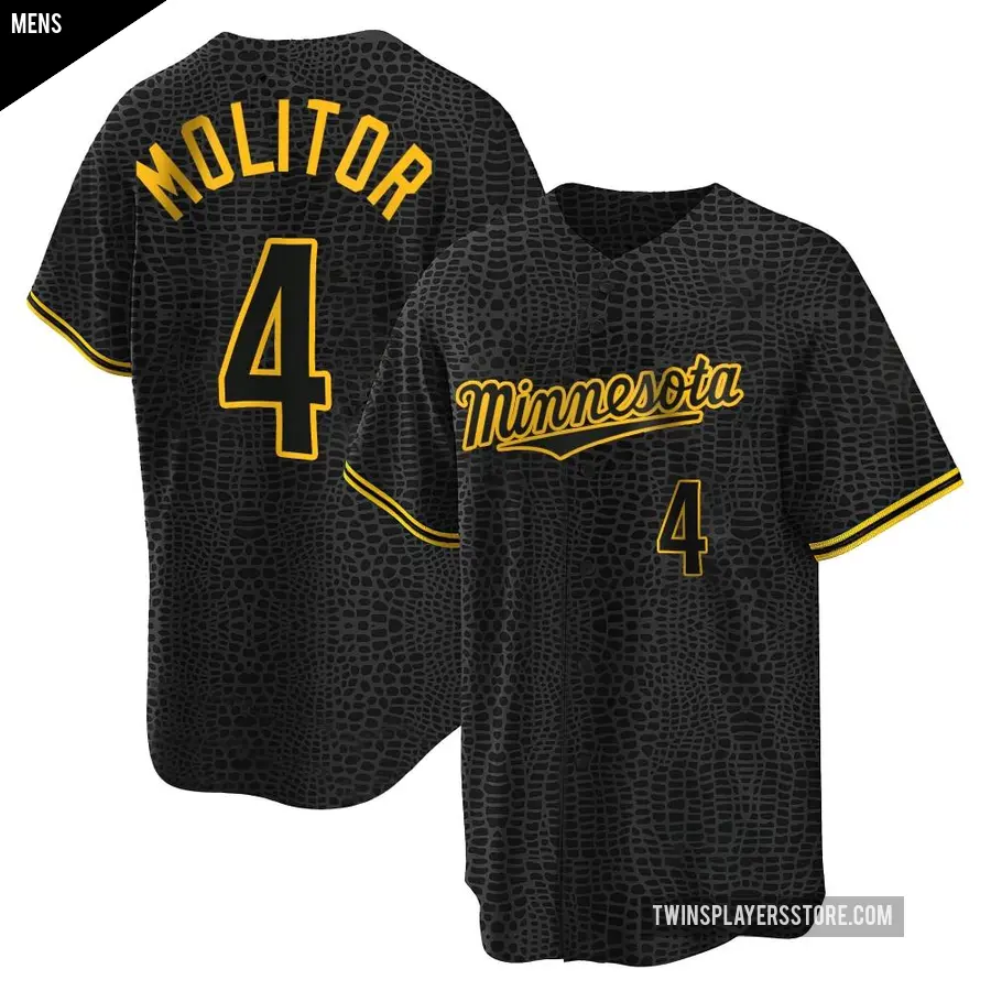 Men's Minnesota Twins ＃4 Paul Molitor Replica Black Snake Skin City Jersey