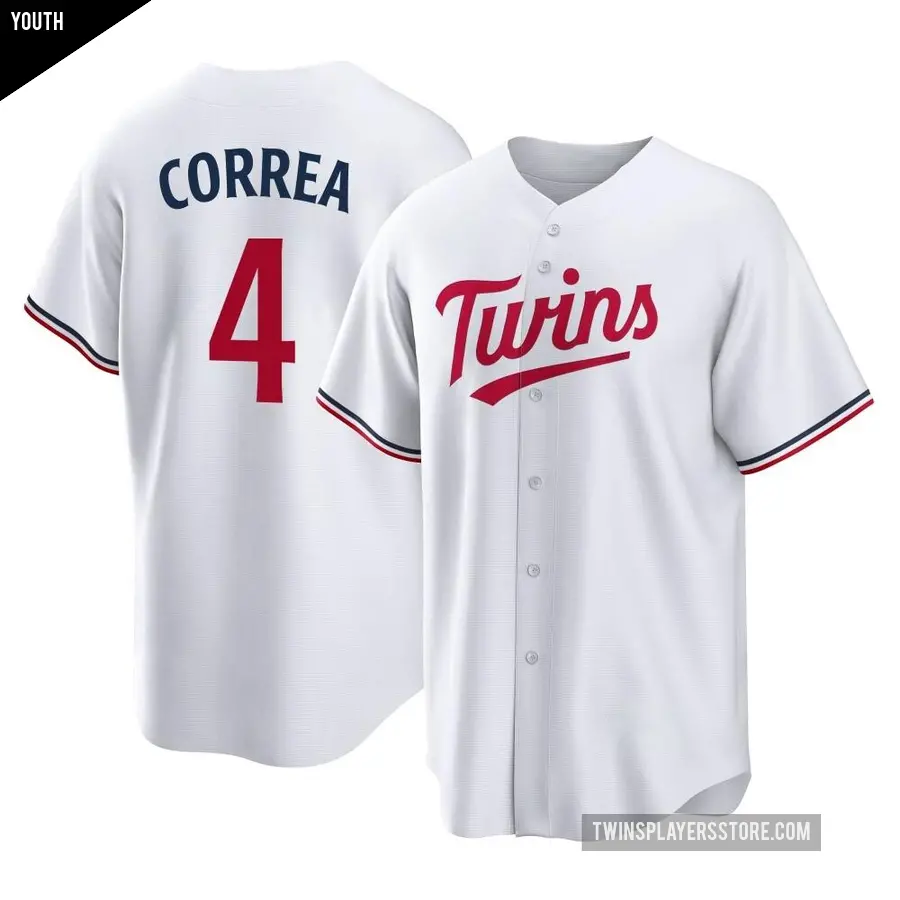 Youth Minnesota Twins ＃4 Carlos Correa Replica White Home Jersey