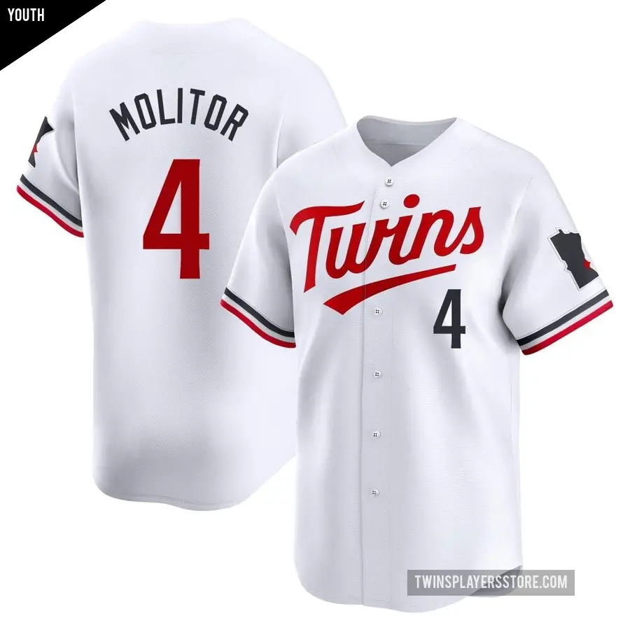 Youth Minnesota Twins ＃4 Paul Molitor Limited White Home Jersey