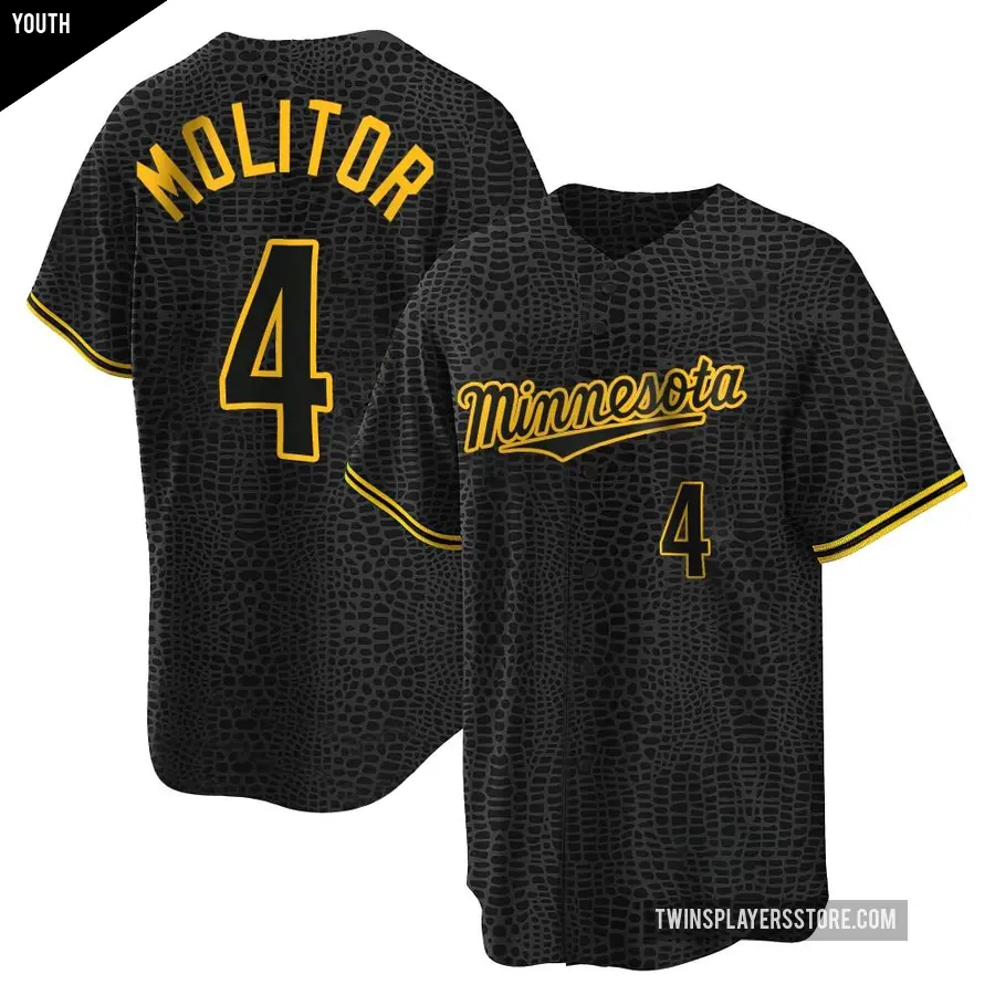 Youth Minnesota Twins ＃4 Paul Molitor Replica Black Snake Skin City Jersey