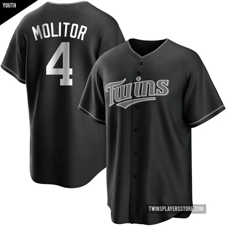 Youth Minnesota Twins ＃4 Paul Molitor Replica Black/White Jersey