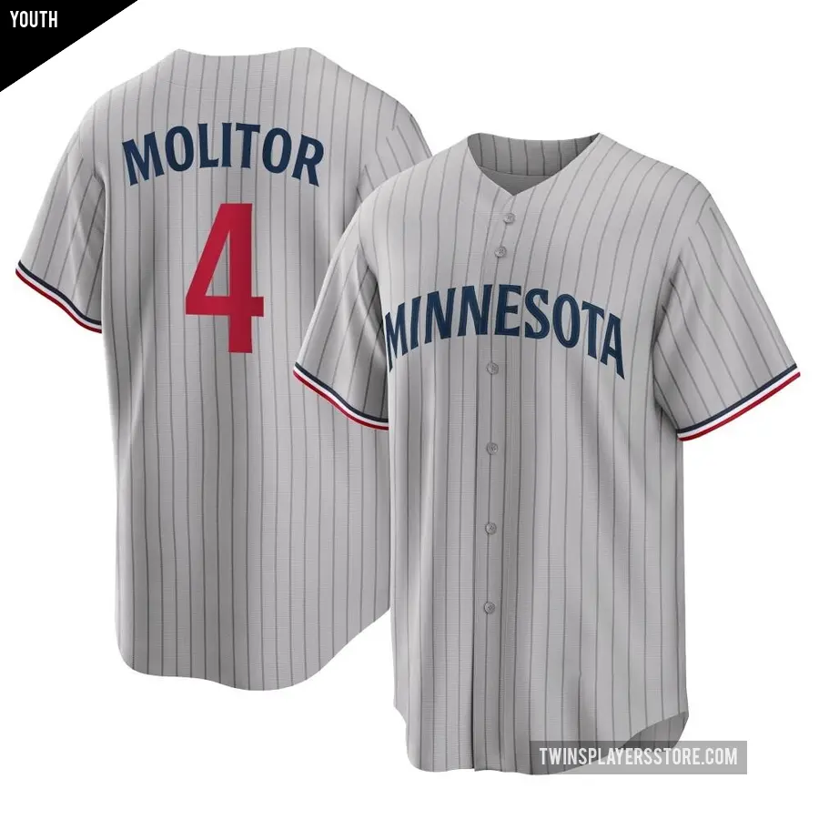 Youth Minnesota Twins ＃4 Paul Molitor Replica Gray Road Jersey