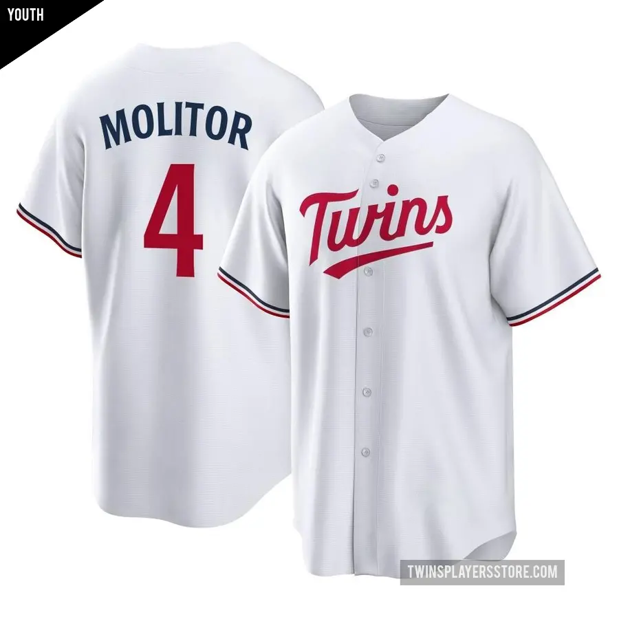 Youth Minnesota Twins ＃4 Paul Molitor Replica White Home Jersey