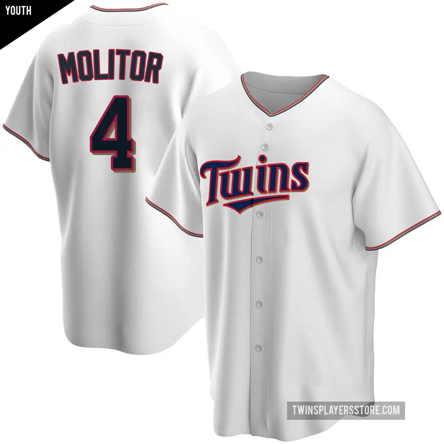 Youth Minnesota Twins ＃4 Paul Molitor Replica White Home Jersey