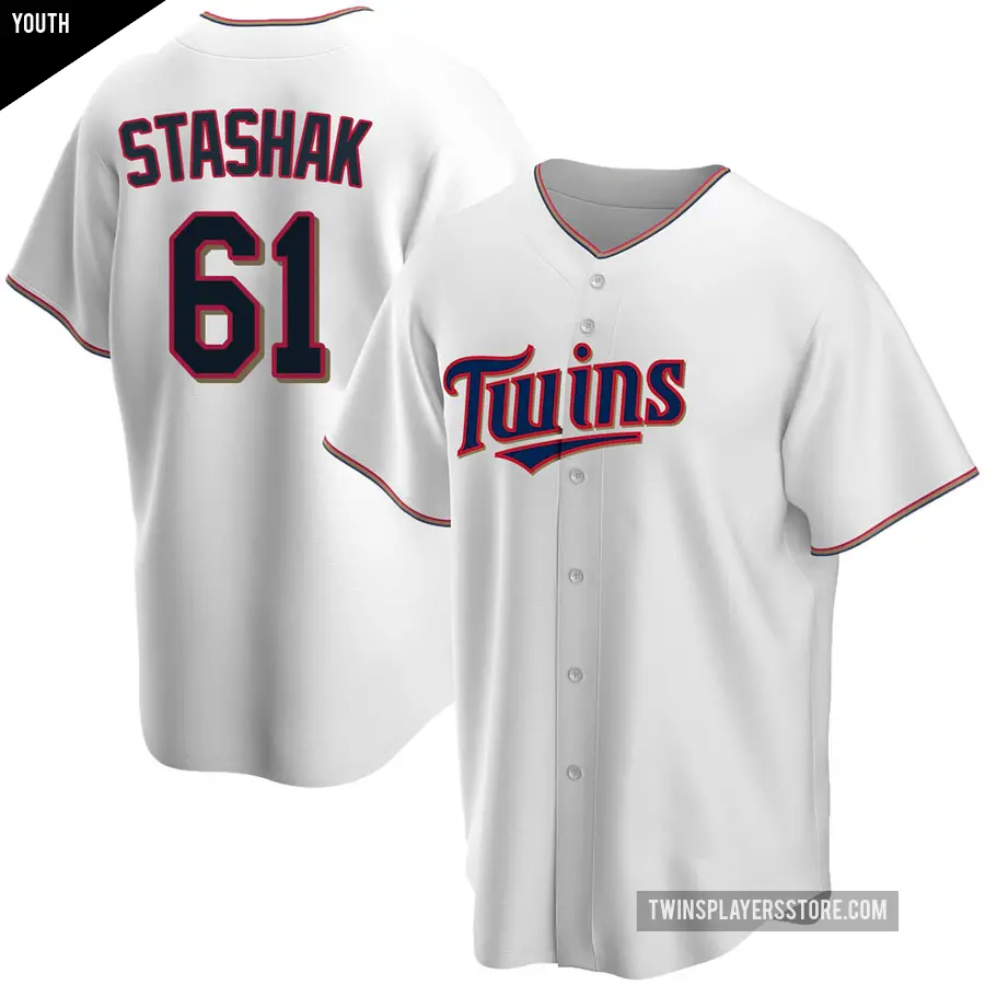 Youth Minnesota Twins ＃61 Cody Stashak Replica White Home Jersey