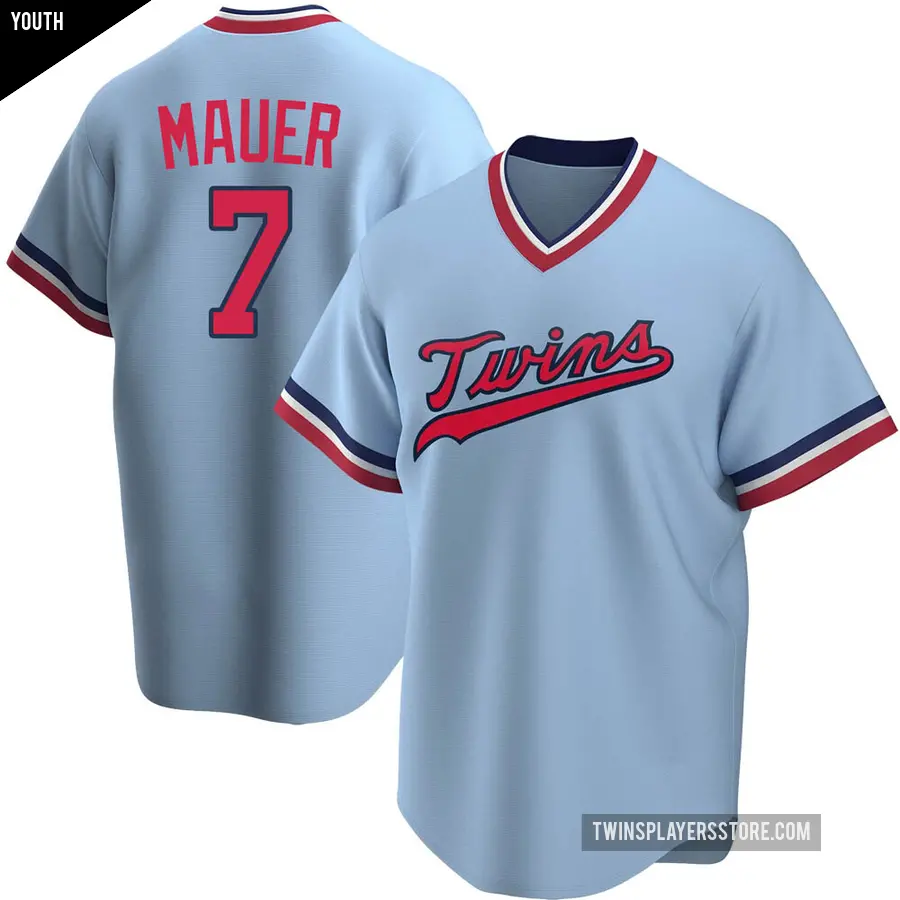 Youth Minnesota Twins ＃7 Joe Mauer Replica Light Blue Road Cooperstown Collection Jersey